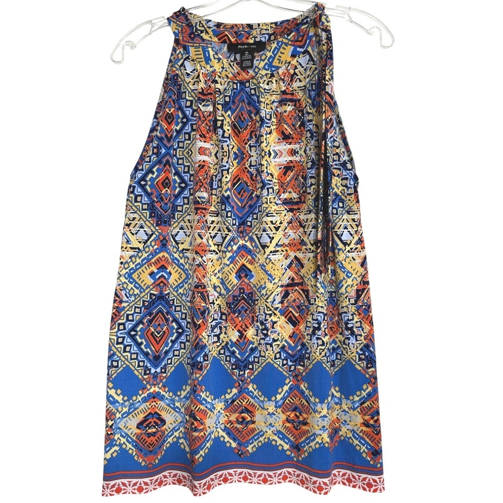 Style & Co Women Tunic Top Tribal Print Halter Neck Blue Orange Boho Aztec XL